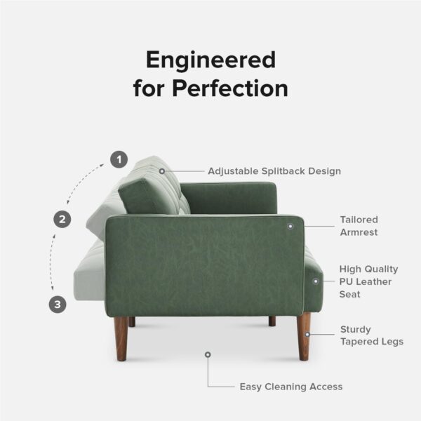 mopio Aaron Couch, Small Futon Sofa Bed, Sleeper, Loveseat, Mid Century Modern Futon Couch, Sofa Cama, Couches for Living Room, Bedroom (Sage Green, Faux Leather)