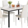 AWQM 5 Pieces Dining Table Set, Kitchen Table Set with Faux Marble Top Table and 4 Faux Leather Upholstered Chairs for Kitchen, Breakfast Nook, Dining Room, White+Beige