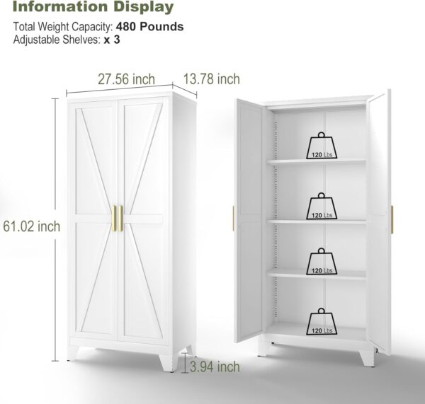 White Farmhouse Storage Kitchen Pantry Cabinet with 2 Barn Door, 3 Adjustable Shelves and Legs, for Cupboard/Dining Room/Bathroom/Living Room/Office/Laundry Room (White, 61" Farmhouse)