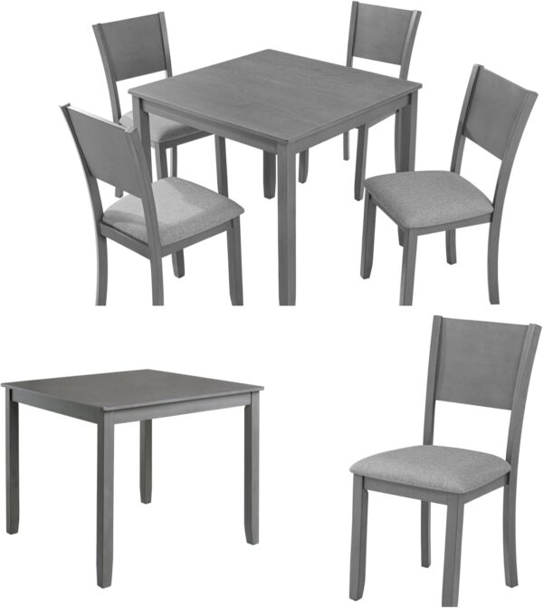 Dining Table Sets, 5-Piece Kitchen Table & Chair Sets with 34.5'' Square Wooden Dining Table & Four Upholstered Wide Backrest Chairs, Wooden Dining Table Set for Dining Room, Gray