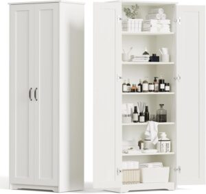 70" Tall Storage Pantry Cabinet, Bathroom Floor Organizer Storage Cabinet with 2 Doors and 6 Adjustable Shelves, Standing Utility Cabinet for Dining Room, Food Storage and Kitchen, White