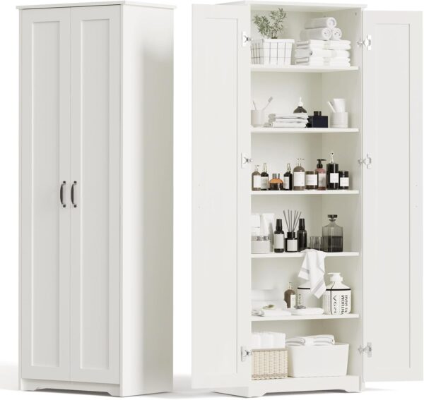 70" Tall Storage Pantry Cabinet, Bathroom Floor Organizer Storage Cabinet with 2 Doors and 6 Adjustable Shelves, Standing Utility Cabinet for Dining Room, Food Storage and Kitchen, White