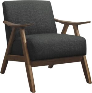 Lexicon Mid Century Modern Accent Chair with Solid Wood Frame in Walnut Finish, Upholstered Living Room Lounge Arm Chair, Thick and Comfy Innerspring Seat Cushion, Linen-Look Fabric, Dark Grey