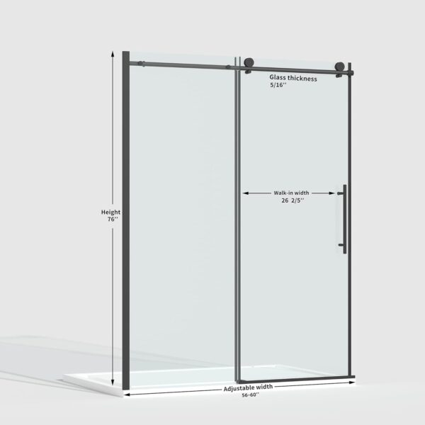 56-60” x 76” Frameless Shower Door, 5/16" (8mm) Clear SGCC Tempered Glass, Bathroom Sliding Glass Shower Doors, Easy to Clean, Stainless Steel Hardware, Matte Black