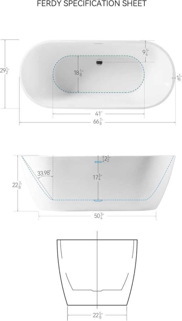 FerdY Nauru 67" Acrylic Freestanding Bathtub, Ergonomic Lightweight Classic Oval Soaking Bathtub with Toe-Tap Chrome Drain, Classic Slotted Overflow, Glossy White