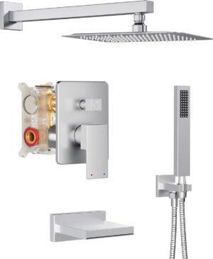 Shower System with Tub Spout, All Metal Tub Shower Faucet Set with 10” Rain Shower Head and Handheld Spray combo, Wall Mounted Tub Shower Systems with Valve and Trim Kit, Brushed Nickel