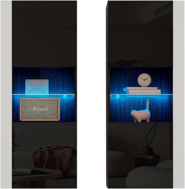 AMERLIFE Wall Storage Cabinets with LED Lights, Modern High Gloss Hanging Cabinets with 4 Closed Doors & Open Glass Shelves, for Living Room/Bedroom/Office, Black(Set of 2)