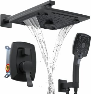 ELLO&ALLO Matte Black Bathroom Shower Faucet Set with Valve, Rainfall Shower Head with Handheld Combo