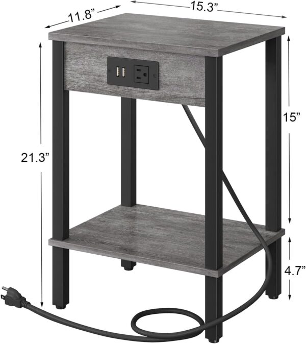 Set of 2 End Table with Charging Station, Narrow Side Table with USB Ports and Outlets, Nightstands with 2-Tier Storage Shelves, Sofa Table for Small Space Living Room Bedroom, Grey