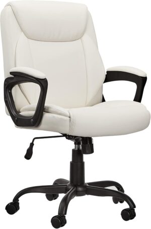 AmazonBasics Classic Puresoft PU-Padded Mid-Back Office Computer Desk Chair with Armrest - Cream