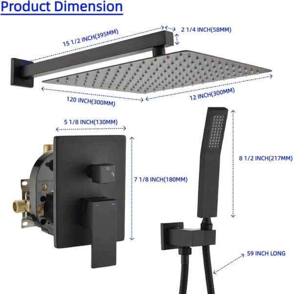 61Y-5WTKXL._AC_SL1500_.jpg WELLFOR 12-In Wall Mounted Rain Shower Faucet with Single Handle and Handheld Spray, Waterfall Dual Head Shower Head System with 2-way Diverter, Pressure-balanced Valve Included, Matte Black