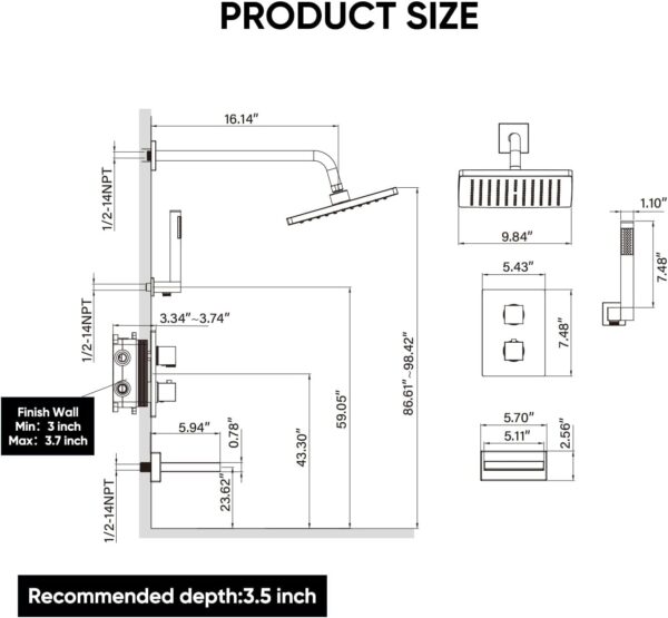 Esnbia Thermostatic Bathtub Faucet Set, All Metal Tub System with 3 Way Valve, 10 Inch Rain Shower Head with Handheld Spray Combo, Wall Mounted Shower Head Set, Matte Black