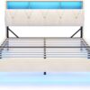 LED Full Bed Frame with Type-C & USB Charging Station, Full Size Bed Frame with Storage Headboard, Modern Velet Upholstered Platform Bed with Shelf Headboard, Noise-Free, Creamy White
