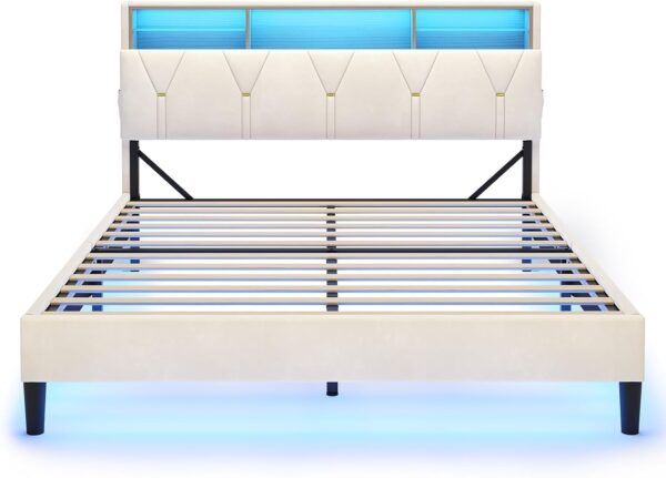 LED Full Bed Frame with Type-C & USB Charging Station, Full Size Bed Frame with Storage Headboard, Modern Velet Upholstered Platform Bed with Shelf Headboard, Noise-Free, Creamy White