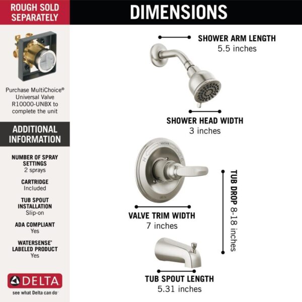 Delta Faucet Foundations Brushed Nickel Shower Faucet Set with 2-Spray Brushed Nickel Shower Head, Tub and Shower Trim Kit, Shower Faucet Sets Complete, Stainless BT13410-SS (Valve Not Included)
