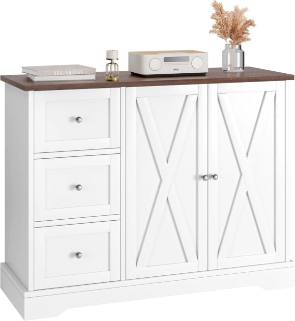 White Buffet Cabinet with Storage, Farmhouse Kitchen Cabinet with 3 Drawers and 2 Doors, Storage Cabinet for Kitchen, Dining Living Room