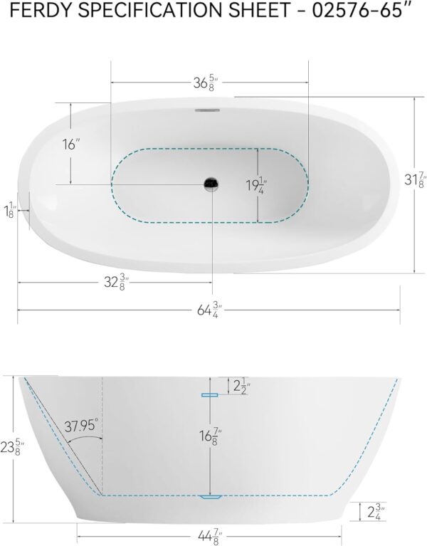FerdY Koh Samui 65" Acrylic Freestanding Bathtub, Oval Contemporary Soaking Bathtub, Glossy White, cUPC Certified, Toe-Tap Chrome Drain & Overflow Assembly Included