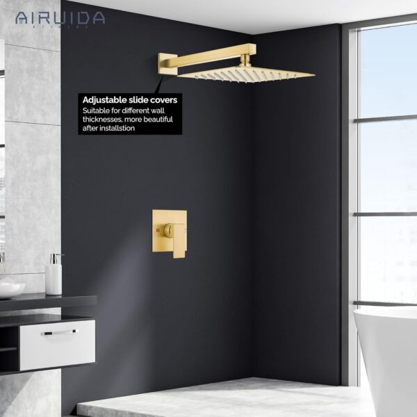 Airuida Shower Faucet Set Shower Trim Kit with Female Thread Rough-in Valve Single Function Shower Head and Handle set Rainfall Shower System with Long Shower Arm 10 Inch Shower Head Brushed Gold