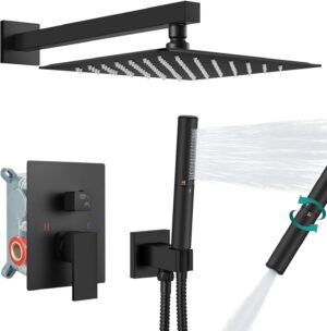 Aolemi Shower System with Rainfall Shower Head and Handheld Wall Mount,High Pressure Shower Faucet Set Fixture Combo with 2 in 1 Handheld Spray Rough-in Valve,12 Inch Shower Head Matte Black