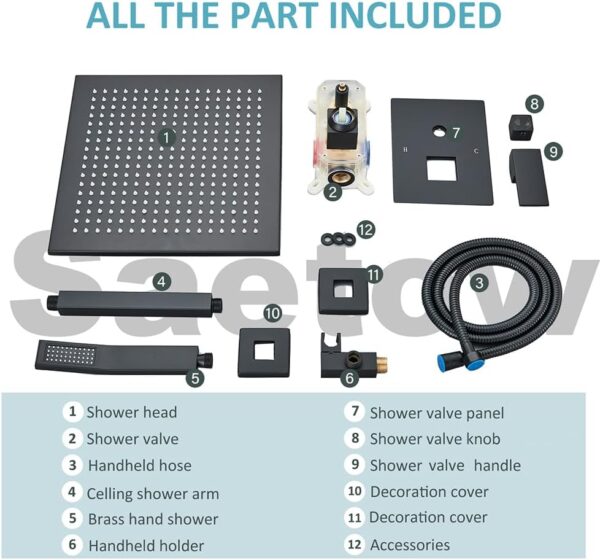 12 Inches Ceiling Mount Shower Faucets Sets Complete Shower System LED Rainfall Shower Head System Rough-in Valve Body and Trim Included Matte Black…