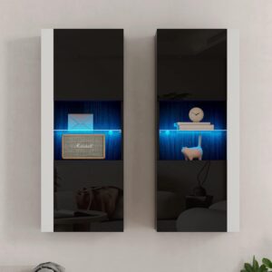 AMERLIFE Wall Storage Cabinets with LED Lights, Modern High Gloss Hanging Cabinets with 4 Closed Doors & Open Glass Shelves, for Living Room/Bedroom/Office, Black(Set of 2)