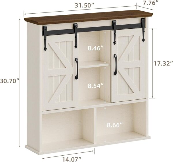 Vabches Bathroom Wall Cabinet, Farmhouse Medicine Cabinet with Double Sliding Barn Door and Adjustable Shelves, Wooden Vintage Storage Cabinet Wall Mounted for Bathroom, Kitchen Dining, Rustic White