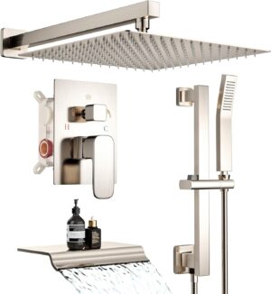 Shower System, 12 Inch Shower Faucet with Tub Spout Bathtub Shower Faucet Set Wall Mounted Bathroom High Pressure Rain Shower Head Adjustable Slide Bar Included Valve and Trim Kit Brushed Nickel