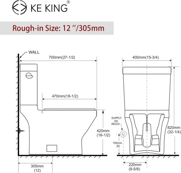 KE KING Lavan® 1000 MaP Score Powerful Flush Comfort Height Floor Mounted Two-Piece Toilet, 12'' Rough-in