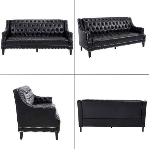chairus Mid-Century Modern 74.5" Faux Leather Sofa, 3 Seater Tufted Upholstered Couch with High Back & Nailhead Trim, Chesterfield Sofa for Living Room Bedroom Apartment Office, Black PU