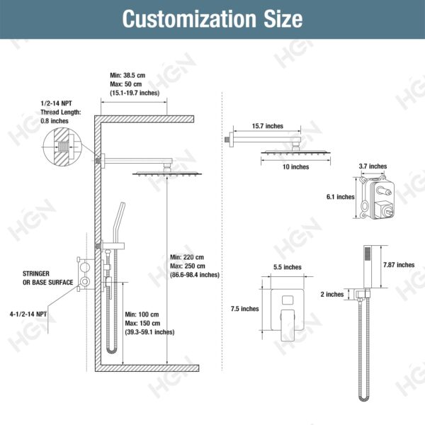 HGN 10 Inches Bathroom Rain Shower Combo Set Wall Mounted Rainfall Brushed Nickel Shower Head System Rough-in Valve Body and Trim Included