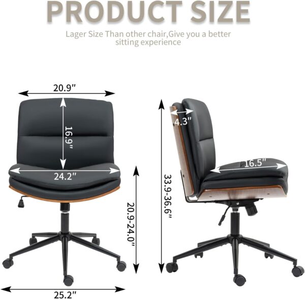 Armless Modern Walnut Office Desk Chair with Wheels, PU Leather Adjustable Wide Swivel Task Chair, Ergonomic Cross Legged Computer Chair for Conference Room, Home Office (Black)