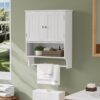 Smuxee White Bathroom Cabinet Wall Mounted with Towels Bar, Bathroom Medicine Cabinet with 2 Door Adjustable Shelves, Over Toilet Cabinet for Bathroom Laundry Room Kitchen
