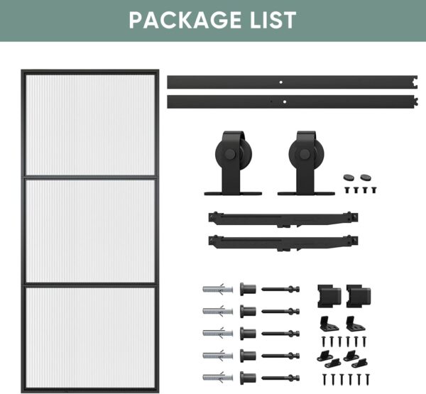 JUBEST Glass Barn Door 42in x 84in, Reeded Glass Carbon Steel Pre-Drilled Frame Sliding Barn Door Panel with 7FT Hardware Kit and Soft Close