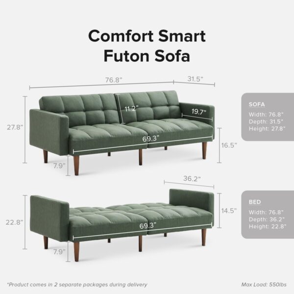 mopio Aaron Couch, Small Futon Sofa Bed, Sleeper, Loveseat, Mid Century Modern Futon Couch, Sofa Cama, Couches for Living Room, Bedroom (Sage Green, Faux Leather)