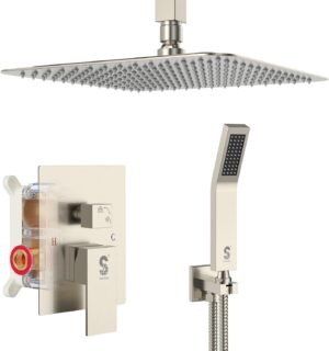 SR SUN RISE 12 Inch Ceiling Mount Brushed Nickel Shower System Bathroom Luxury Rain Mixer Shower Combo Set Ceiling Rainfall Shower Head System Faucet Trim Repair Kits with Rough-in Valve and Trim
