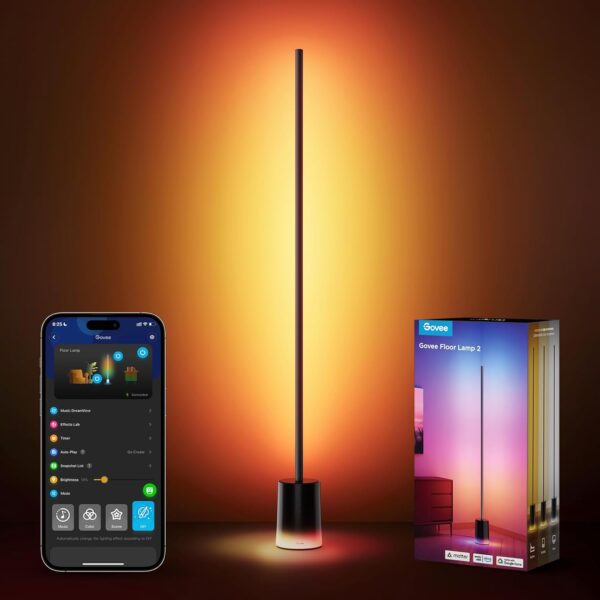 Govee Floor Lamp 2 with Matter, RGBIC Warm Cool White LED Floor Lamp Works with Alexa, 1725lm Corner Floor Lamp with Music Sync, Scene Modes, Smart Floor Lamp for Bedroom, Living Room, Black(1 Pack)