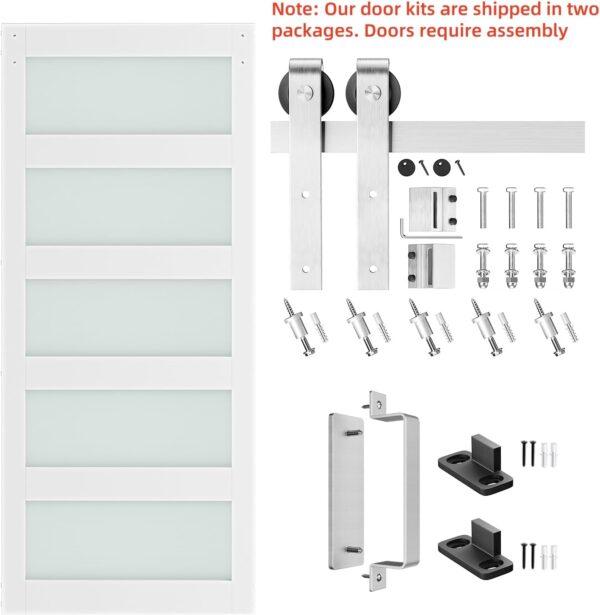SmartStandard 38 x 84 inch Glass Barn Door with 6.6FT Brushed Nickel Sliding Hardware Kit & Handle, Pre-Drilled Ready to Assemble, Waterproof PVC Coating, White, 5-Panel Glass