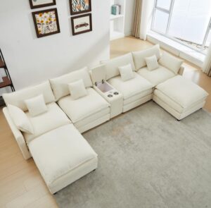 145" U Shaped Cloud Couch Sectional for Living Room, Oversized Modern Modular Sofa with Movable Ottoman, Comfy Fluffy Chenille 6 Seat Sofa Set with Central Console & USB Ports, White