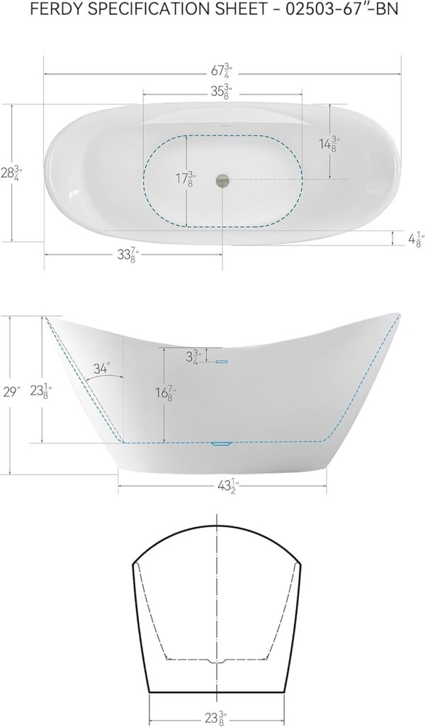 FerdY Boracay 67" Acrylic Freestanding Bathtub, Gracefully Shaped Contemporary Design Bathtub with Brushed Nickel Drain, Integrated Slotted Overflow, Glossy White, cUPC Certified, 02503