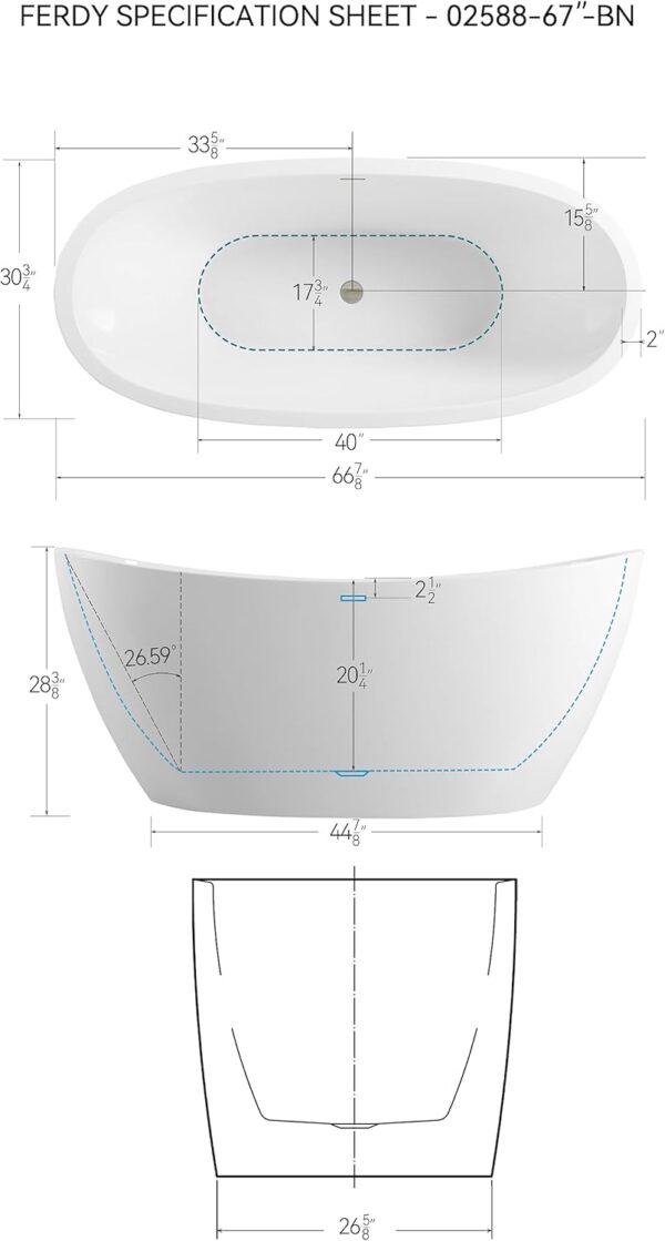 FerdY Naha 67" Freestanding Bathtub, Curve Edge Soaking Bathtub with Brushed Nickel Drain and Minimalist Linear Design Overflow, Easy to Install 588