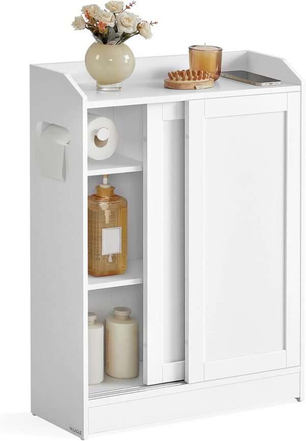 VASAGLE Bathroom Cabinet, Slim Bathroom Storage Cabinet, Toilet Paper Holder and Brush Compartment, Sliding Doors, Adjustable Shelves, Next to Toilet, 7.9 x 23.6 x 31.5 Inches, Cloud White UBBC752W01
