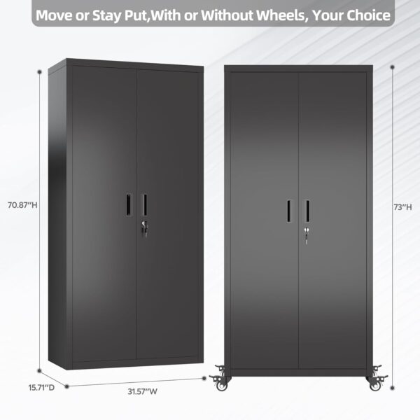73" Tall Garage Storage Cabinets with Wheels, Metal Storage Cabinets with Locking Doors and 4 Adjustable Shelves for Garage Home, Assembly Required, Black
