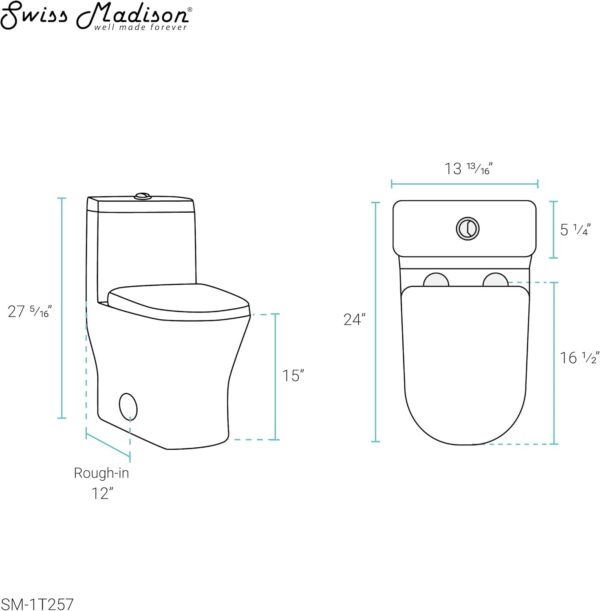 Swiss Madison SM-1T257 Sublime II Compact 24" Length One Piece Toilet Dual Flush 1.1/1.6 GPF with Side Holes, Glossy White