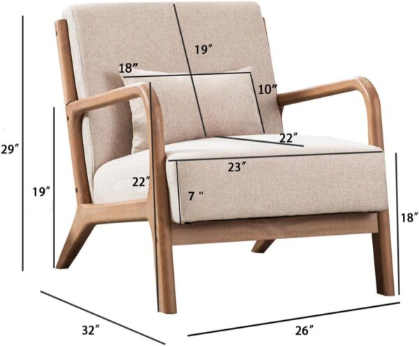 INZOY Mid Century Modern Accent Chair with Wood Frame, Upholstered Living Room Chairs with Waist Cushion, Reading Armchair for Bedroom Sunroom (Beige)