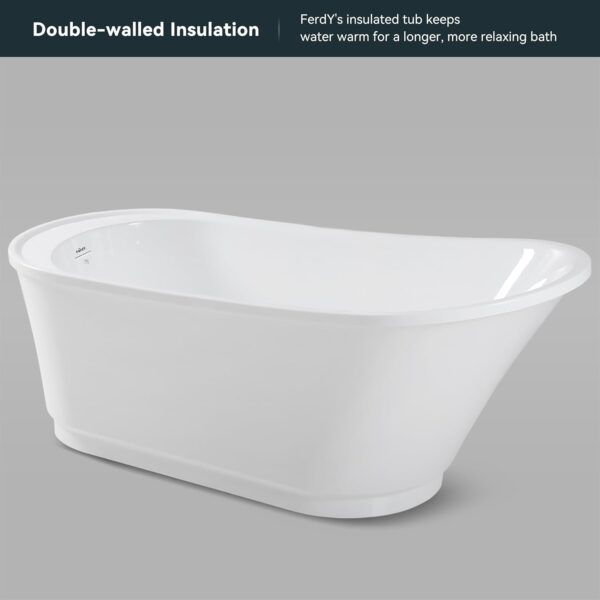 FerdY Langkawi 67" Acrylic Freestanding Bathtub, White Modern Stand Alone Soaking Bathtub, cUPC Certified, Brushed Nickel Drain and Minimalist Linear Design Overflow Included, Easy to Install, 02568T