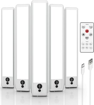 EZVALO Under Cabinet Lights, LED Closet Lights Wireless USB Charging, Motion Sensor Lighting Indoor 5700K Dimmable with Remote Control (White) 5 Pack