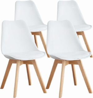 OLIXIS Set of 4 Dining Kitchen Mid-Century Modern Chairs with Wood Legs and PU Leather Cushion for Living Room Bedroom Outdoor Lounge, White