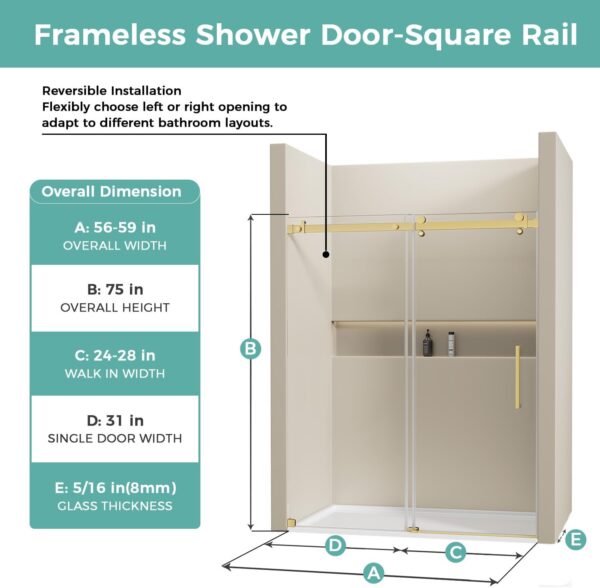 56-60" W x 75" H Frameless Sliding Shower Door, 5/16"(8mm) Clear SGCC Tempered Glass Shower Door Easy Cleaning, Gold Shower Door Designed for Smooth Silding, Easy Installation for Bathroom