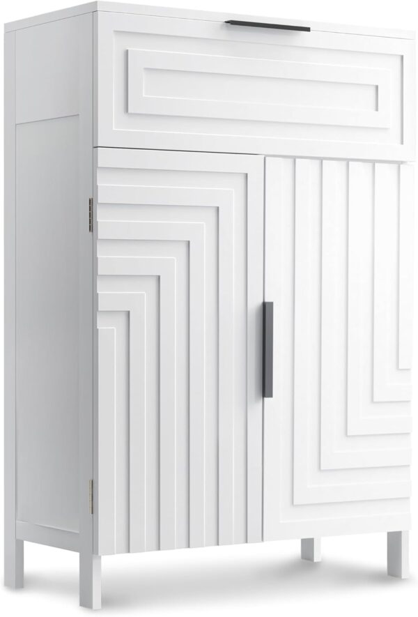 Storage Cabinet Bathroom Floor Cabinets with Drawer Freestanding Kitchen Cabinet Fluted Coffee Bar Cabinet for Living Room, Entryway, Garage Accent Storage Organization - 23.6x11.8x35.4- White