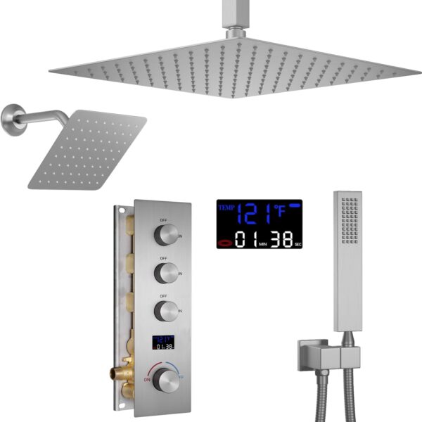 AYIVG Thermostat Shower System Brushed Nickel Rain Shower System With 12 Inch and 8 Inch Shower Head Temperature Display Bathroom Shower System Dual Rainfall Shower Head System
